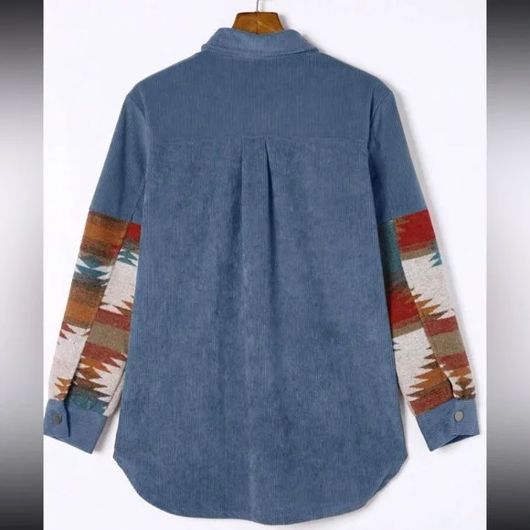 Cozy Boho Oversized Aztec Print Pocket Corduroy Jacket Shacket Button Down Shirt - Picture 5 of 7